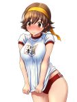  1girl blush breast_squeeze breasts brown_eyes brown_hair buruma commentary_request gym_uniform headband highres honda_mio idolmaster idolmaster_cinderella_girls kezune_(i-_-i) large_breasts long_hair shirt short_hair short_sleeves simple_background solo sweat thighs white_background white_shirt 