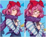  1girl bow closed_mouth glasses green_eyes hair_bow hairband large_bow lips long_sleeves looking_at_viewer magion02 no_glasses original overalls paper_airplane pink_hair purple_scarf red-framed_eyewear red_hairband red_lips scarf shirt short_hair striped striped_shirt upper_body variations 