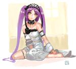  1girl bare_shoulders barefoot dress euryale fate/hollow_ataraxia fate_(series) hairband lolita_hairband long_hair looking_at_viewer nail_polish purple_hair purple_nails sitting sleeveless sleeveless_dress solo suisogenshi very_long_hair wariza yellow_eyes 