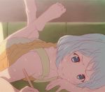  1girl aqua_eyes ass bare_shoulders barefoot blouse blush couch drawing eromanga_sensei feet indoors izumi_sagiri lying on_couch on_stomach short_hair shorts silver_hair smile solo summer sweat sweating_profusely yrsknish 