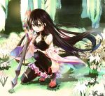  1girl :d black_hair black_legwear blush breasts brown_eyes character_request cleavage detached_sleeves flower forest full_body hair_between_eyes hair_flower hair_ornament holding holding_sword holding_weapon kneeling long_hair looking_at_viewer lord_of_vermilion_iii medium_breasts nature open_mouth red_legwear reverse_grip sandals smile socks solo sword tabi thigh-highs very_long_hair weapon wide_sleeves yue_(pixiv2547) 