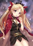  1girl :o arm_support black_dress blonde_hair blush breasts cape detached_collar dress earrings ereshkigal_(fate/grand_order) fate/grand_order fate_(series) hair_ribbon hand_up harimoji head_tilt highres jewelry long_hair looking_at_viewer looking_to_the_side medium_breasts red_cape red_eyes red_ribbon ribbon short_dress skull solo spine thighs tiara tohsaka_rin twintails 