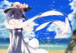  1girl absurdres arms_behind_back beach black_ribbon blonde_hair blue_eyes blue_sky blurry blush bow bracelet checkered_bow checkered_ribbon clouds cloudy_sky day depth_of_field dress fate/grand_order fate_(series) floating_hair frills from_behind hat hat_bow hat_ribbon highres jewelry long_hair looking_at_viewer looking_back marie_antoinette_(fate/grand_order) ocean outdoors parted_lips profile purple_ribbon re:rin ribbon sky smile solo sun_hat twintails white_dress 