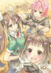  10s 3girls blush brown_eyes brown_hair cracking_knuckles double_bun hair_ribbon hodo_(fujitaka) kantai_collection kinu_(kantai_collection) looking_at_viewer multiple_girls naka_(kantai_collection) open_mouth orange_eyes pink_hair remodel_(kantai_collection) ribbon short_hair short_sleeves smile tone_(kantai_collection) traditional_media twintails 