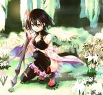  1girl :d black_hair black_legwear blush breasts brown_eyes character_request cleavage detached_sleeves flower forest full_body hair_between_eyes hair_flower hair_ornament holding holding_sword holding_weapon kneeling looking_at_viewer lord_of_vermilion_iii medium_breasts nature open_mouth red_legwear reverse_grip sandals short_hair smile socks solo sword tabi thigh-highs weapon wide_sleeves yue_(pixiv2547) 