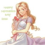  1girl 2016 apron bound brown_hair dress eyebrows_visible_through_hair flower fullmetal_alchemist green_eyes long_hair looking_at_viewer purple_dress simple_background smile solo text tied_hair trisha_elric white_background 