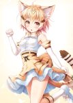  1girl :o akashio_(loli_ace) animal_ears bare_shoulders blonde_hair blush bow bowtie cat_ears cat_tail commentary_request elbow_gloves eyebrows_visible_through_hair gloves highres kemono_friends looking_at_viewer multicolored_hair no_panties open_mouth paw_pose sand_cat_(kemono_friends) shirt short_hair skirt sleeveless striped_tail tail yellow_eyes 