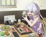  1girl ahoge bowl buttons casual chair chewing chopsticks crumbs cup curry drinking_glass eating eyebrows eyebrows_visible_through_hair fish food frills glass hair_ornament hair_scrunchie long_hair low-tied_long_hair menu_board pepper_shaker pink_shirt plate restaurant rice scrunchie senki_zesshou_symphogear shirt signature sitting sleeveless solo sushi table tonkatsu tray twintails tyuga very_long_hair violet_eyes white_hair yukine_chris 