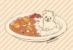  carrot curry dog food mojacookie no_humans plate potato rice signature striped striped_background 