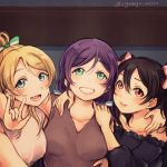 3girls :d \m/ arm_around_shoulder ayase_eli blonde_hair blue_bow blue_eyes bow commentary_request frills green_bow green_eyes grin group_picture hair_between_eyes hair_bow hand_on_another&#039;s_shoulder lilylion26 looking_at_viewer love_live! love_live!_school_idol_project multiple_girls open_mouth pink_bow purple_hair red_eyes sleeveless smile strapless striped striped_bow toujou_nozomi twintails twitter_username upper_body v-neck yazawa_nico 