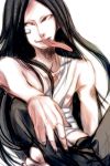  1boy bandage bandaid bandaid_on_face barefoot black_hair dangan_ronpa dangan_ronpa/zero long_hair madarai_isshiki male_focus nail_polish ricco_dngnrnp shirtless simple_background sitting solo tongue tongue_out white_background 