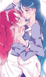  2girls akagi_towa bare_shoulders blue_eyes blue_hair blush braid eye_contact go!_princess_precure kaidou_minami long_hair looking_at_another multiple_girls negom pantyhose pointy_ears precure red_eyes redhead school_uniform single_braid skirt tiara white_skirt yuri 