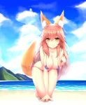  1girl absurdres animal_ears bikini blue_bikini blush breasts cleavage day erect_nipples fate/extra fate/grand_order fate_(series) fox_ears fox_tail hibi_(grangcat) highres large_breasts long_hair looking_at_viewer navel ocean outdoors pink_hair solo swimsuit tail tamamo_(fate)_(all) tamamo_no_mae_(swimsuit_lancer)_(fate) yellow_eyes 