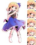  1girl :d alice_margatroid alice_margatroid_(pc-98) alphes_(style) bangs blonde_hair blue_bow blue_skirt blush bow closed_eyes closed_mouth commentary_request dairi eyebrows_visible_through_hair frilled_skirt frills full_body grimoire_of_alice hair_bow holding knees_together_feet_apart looking_at_viewer multiple_views no_shoes nose_blush open_mouth parody shaded_face short_sleeves skirt smile socks standing style_parody tachi-e touhou touhou_(pc-98) transparent_background white_legwear yellow_eyes 