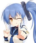  1girl arashi_(zhan_jian_shao_nyu) blue_hair erniang hairband highres index_finger_raised koi_dance looking_at_viewer one_eye_closed outstretched_arm sailor_collar side_ponytail simple_background smile tongue tongue_out yellow_eyes zhan_jian_shao_nyu 