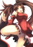 1girl bare_shoulders blush boots breasts brown_eyes brown_hair china_dress chinese_clothes detached_sleeves dress guilty_gear guilty_gear_xrd hair_ornament hairclip highres jijii48 kuradoberi_jam large_breasts long_hair open_mouth panties skirt smile solo underwear very_long_hair