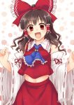  1girl :d ascot bangs bare_shoulders blush bow brown_hair commentary detached_sleeves hair_bow hair_tubes hakurei_reimu happy highres large_bow long_hair looking_at_viewer midriff monrooru open_mouth red_eyes skirt skirt_set smile solo touhou vest wavy_hair 