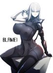  1girl blame! blue_eyes bodysuit breasts cibo erect_nipples highres hips huge_breasts light_smile long_hair looking_at_viewer nuezou perky_breasts simple_background sitting sittting smile solo thighs white_background white_hair 