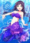  1girl :d bikini_top bubble circlet commentary_request dated earrings hair_down happy_birthday highres jewelry ksk_(semicha_keisuke) long_hair looking_at_viewer love_live! love_live!_school_idol_festival love_live!_school_idol_project mermaid_costume midriff navel open_mouth outstretched_arms purple_bikini_top purple_hair smile solo spread_arms toujou_nozomi underwater 
