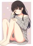  1girl ;o bangs bare_shoulders barefoot black_hair blunt_bangs brown_background brown_eyes brown_hair collarbone commentary_request eyebrows_visible_through_hair fingernails grey_sweater head_tilt long_hair looking_at_viewer nakamura_sumikage off_shoulder one_eye_closed original panties parted_lips pink_panties rubbing_eyes sitting solo star toenails two-tone_background underwear white_background 