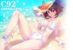  10s 1girl ankle_garter brown_hair carnelian criss-cross_halter day earrings flower green_eyes halterneck hat hat_flower jewelry kantai_collection leg_up light_smile lying mutsu_(kantai_collection) navel navel_cutout o-ring_swimsuit one-piece_swimsuit outdoors partially_submerged short_hair solo sparkle straw_hat sun_hat swimsuit white_swimsuit 