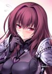  1girl armor artist_name bangs blush bodysuit breasts commentary_request eyebrows_visible_through_hair fate/grand_order fate_(series) flying_sweatdrops holding holding_hair kousaki_rui large_breasts long_hair looking_to_the_side pauldrons purple_bodysuit purple_hair red_eyes scathach_(fate/grand_order) shoulder_armor signature simple_background solo 