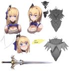  1girl bangs blonde_hair blue_eyes blush breasts cleavage closed_mouth concept_art earrings eruthika eyebrows_visible_through_hair hair_ornament jewelry long_hair looking_at_viewer medium_breasts multiple_views nose_blush original parted_lips shield smile sword weapon 