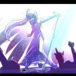  1girl blue_dress closed_eyes concert crowd dress eye_scar fist_pump hand_gesture iesupa microphone microphone_stand music ponytail real_life rwby seiyuu_connection singing weiss_schnee white_hair 