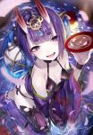  1girl alcohol bangs blunt_bangs blurry blush breasts commentary_request cup depth_of_field eyebrows_visible_through_hair fangs fate/grand_order fate_(series) from_above holding horns hoyashi_rebirth japanese_clothes kimono looking_at_viewer oni oni_horns open_mouth petals purple_hair revealing_clothes sakazuki sake seiza shiny shiny_skin short_hair shuten_douji_(fate/grand_order) sitting small_breasts smile solo violet_eyes water 