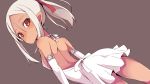  ass back bare_shoulders blush breasts dark_skin elbow_gloves gloves grey_background looking_at_viewer maze_(gochama_ze_gohan) original pointy_ears ponytail red_eyes simple_background small_breasts white_gloves white_hair 