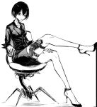  1girl bare_legs black_hair blame! blame_gakuen! business_suit chair formal graviton_beam_emitter greyscale gun high_heels holster looking_at_viewer miniskirt monochrome office_chair office_lady sanakan short_hair sitting skirt skirt_suit sleeves_folded_up solo suit thigh_holster ts2258 weapon white_background 