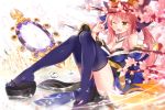  1girl bare_shoulders bird black_legwear blue_bow blush bow branch breasts bubble cleavage eyebrows_visible_through_hair fang fate/extra fate_(series) hair_bow highres large_breasts looking_away mirror nahaki one_eye_closed open_mouth pink_hair sitting smile solo tamamo_(fate)_(all) tamamo_no_mae_(fate) thigh-highs yellow_eyes 