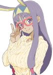  1girl absurdres adjusting_glasses animal_ears breasts dark_skin donguri_suzume earrings facial_mark fate/grand_order fate_(series) glasses hairband highres jewelry long_hair looking_at_viewer nail_polish nitocris_(fate/grand_order) purple_hair solo sweater violet_eyes white_background 