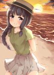  10s 1girl arms_behind_back bangs beach black_hair blouse blunt_bangs blush braid buttons closed_mouth clouds collarbone cowboy_shot eyebrows_visible_through_hair frilled_sleeves frills hat highres kantai_collection kitakami_(kantai_collection) long_hair looking_at_viewer ocean pleated_skirt short_sleeves single_braid skirt smile solo soramuko sun sunset water 
