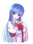  1girl :o arm_at_side blue_hair blush bow bowtie buttons center_frills collared_shirt colored_eyelashes eyebrows_visible_through_hair eyes_visible_through_hair frills head_tilt highres hinanawi_tenshi long_hair looking_at_viewer miata_(miata8674) no_headwear open_mouth puffy_short_sleeves puffy_sleeves red_bow red_bowtie red_eyes shirt short_sleeves solo straight_hair touhou upper_body very_long_hair white_shirt wing_collar 