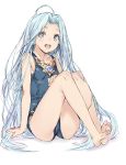  1girl ahoge arm_support bare_shoulders barefoot blue_eyes blue_hair blue_swimsuit blush commentary_request feet feet_together granblue_fantasy kawata_hisashi long_hair looking_at_viewer lyria_(granblue_fantasy) one-piece_swimsuit open_mouth school_swimsuit simple_background sketch smile soles solo swimsuit toes very_long_hair white_background 