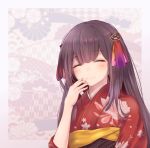  1girl commentary_request dargo hair_ornament hand_on_own_face hikone_(oshiro_project) japanese_clothes kimono long_hair oshiro_project oshiro_project_re smile solo 
