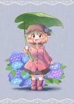  1girl aki_minoriko arinu blonde_hair blush boots commentary flower food fruit hat highres hydrangea leaf leaf_umbrella open_mouth rain raincoat red_eyes short_hair skirt smile solo touhou 