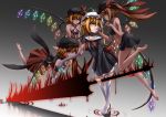  4girls barefoot black_sclera blonde_hair boots brown_hair chains collar collar_tug commentary_request crystal dark_persona dark_skin energy_sword eyebrows_visible_through_hair facial_tattoo fingernails flandre_scarlet four_of_a_kind_(touhou) frilled_skirt frills gradient gradient_background grey_skin grin hat high_heels highres holding holding_weapon inyuppo laevatein midriff mismatched_sclera mob_cap multicolored multicolored_skin multiple_girls multiple_persona pointy_ears red_eyes revealing_clothes ribbon sharp_fingernails side_ponytail skirt slit_pupils smile sword tattoo thigh-highs thigh_boots torn_clothes touhou vampire veins weapon wings wrist_cuffs 