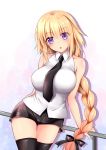  1girl bare_shoulders blonde_hair blue_eyes braid fate/apocrypha fate/grand_order fate_(series) geko looking_at_viewer necktie ruler_(fate/apocrypha) short_shorts shorts single_braid sleeveless solo thigh-highs 