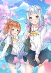  2girls :d :o absurdres aqua_eyes bag bag_charm bangs black_skirt blue_sky blush bow bowtie brown_eyes brown_hair building bush buttons cherry_blossoms clouds cloudy_sky collarbone commentary_request cowboy_shot day eromanga_sensei eyebrows_visible_through_hair gradient_sky hair_bow hair_ornament hair_ribbon hair_scrunchie high_ponytail highres holding_strap holmemee izumi_sagiri jinno_megumi long_hair long_sleeves looking_at_viewer low-tied_long_hair motion_blur multiple_girls open_mouth outdoors petals pink_bow pink_ribbon pleated_skirt ponytail railing ribbon school_bag school_uniform scrunchie see-through serafuku shiny shiny_hair shoulder_bag sidelocks silver_hair skirt skirt_tug sky smile standing tareme tree tress_ribbon very_long_hair wind wind_lift window yellow_bow yellow_bowtie 