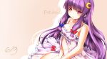  1girl beige_background blue_bow bow bow_removed breasts character_name cleavage crescent crescent_hair_ornament dated eyebrows_visible_through_hair hair_bow hair_bow_removed hair_ornament highres long_hair medium_breasts navel patchouli_knowledge purple_hair red_bow rin_(ashleyy) simple_background solo touhou violet_eyes 