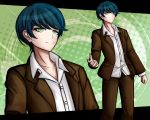  1boy bangs blue_hair clenched_hand closed_mouth cowboy_shot dangan_ronpa dangan_ronpa_3 formal green_background green_eyes jacket komatsuzaki_rui_(style) kurokku-tokei kurosaki_tarou looking_at_viewer male_focus open_clothes open_collar open_jacket outstretched_hand school_uniform short_hair smile solo swept_bangs upper_body zoom_layer 