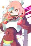  +_+ 1girl aori_(splatoon) armor cape fire_emblem fire_emblem_if highres japanese_clothes kinokisaki looking_at_viewer mitama_(fire_emblem_if) pink_hair smile 