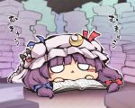  1girl bangs blue_ribbon blush_stickers book chibi commentary crescent crescent_hair_ornament hair_ornament hat long_hair lying mob_cap nekoguruma o_o on_stomach patchouli_knowledge pile_of_books purple_hair red_ribbon ribbon solo touhou translated triangle_mouth 