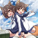  2girls ahoge animal_ears brave_witches brown_eyes brown_hair clouds dog_ears dog_tail hair_ornament hairclip hand_holding hanya_(hanya_yashiki) karibuchi_hikari long_sleeves looking_at_viewer miyafuji_yoshika multiple_girls open_mouth school_swimsuit school_uniform serafuku short_hair sky squirrel_ears strike_witches striker_unit swimsuit swimsuit_under_clothes tail world_witches_series 