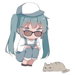  1girl aqua_eyes aqua_hair bangs cat chibi eyebrows_visible_through_hair hatsune_miku long_hair long_sleeves looking_at_another mimengfeixue overalls shirt simple_background sleeping solo squatting sunglasses twintails vocaloid white_background white_shirt 