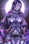  1girl arm_guards belt bodysuit breasts cape cleavage commentary_request covered_navel cowboy_shot fate_(series) fingerless_gloves full_moon gloves hand_on_own_chest large_breasts long_hair looking_at_viewer minamoto_no_raikou_(fate/grand_order) moon night night_sky parted_lips pelvic_curtain petals purple_hair skindentation sky smile solo tomoyohi violet_eyes 