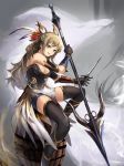  1girl bangs bare_shoulders barrel black_legwear blonde_hair blue_eyes breasts cleavage dagger eruthika fantasy hair_ornament highres holding holding_weapon long_hair looking_at_viewer medium_breasts open_mouth original polearm sheath sheathed sitting smile solo spear thigh-highs unsheathed weapon 