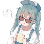  1girl ? aqua_hair bangs baseball_cap blue_eyes collarbone eyebrows_visible_through_hair food hat hatsune_miku highres holding holding_food long_hair long_sleeves looking_at_viewer mimengfeixue open_mouth overalls shirt sidelocks simple_background solo spoken_question_mark sunglasses toast twintails vocaloid white_background white_shirt 